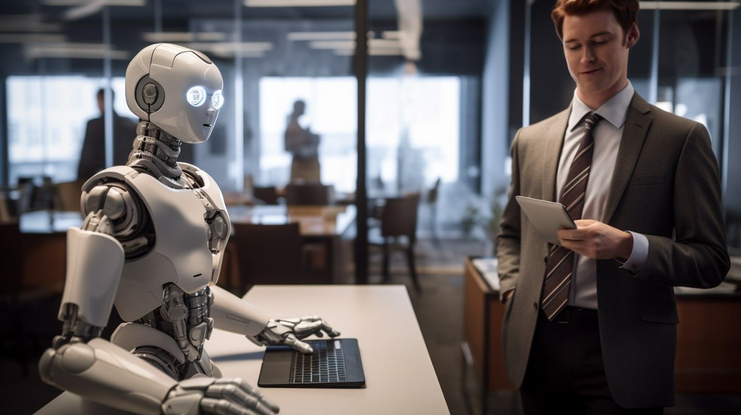 AI Agents for Business - Robot and businessman collaborating in office